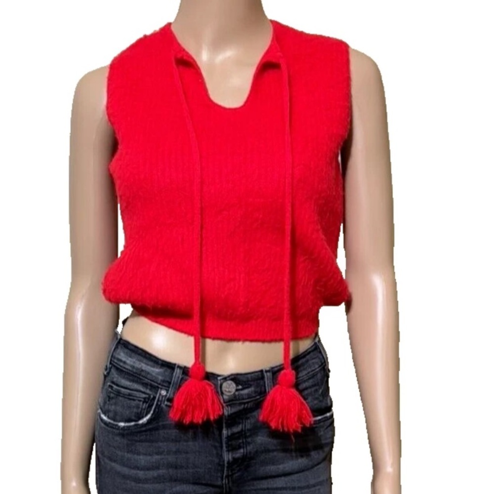 Vintage 70's turbn Hi-bulk Red orlon Sleeveless Sweater Vest Pom poms